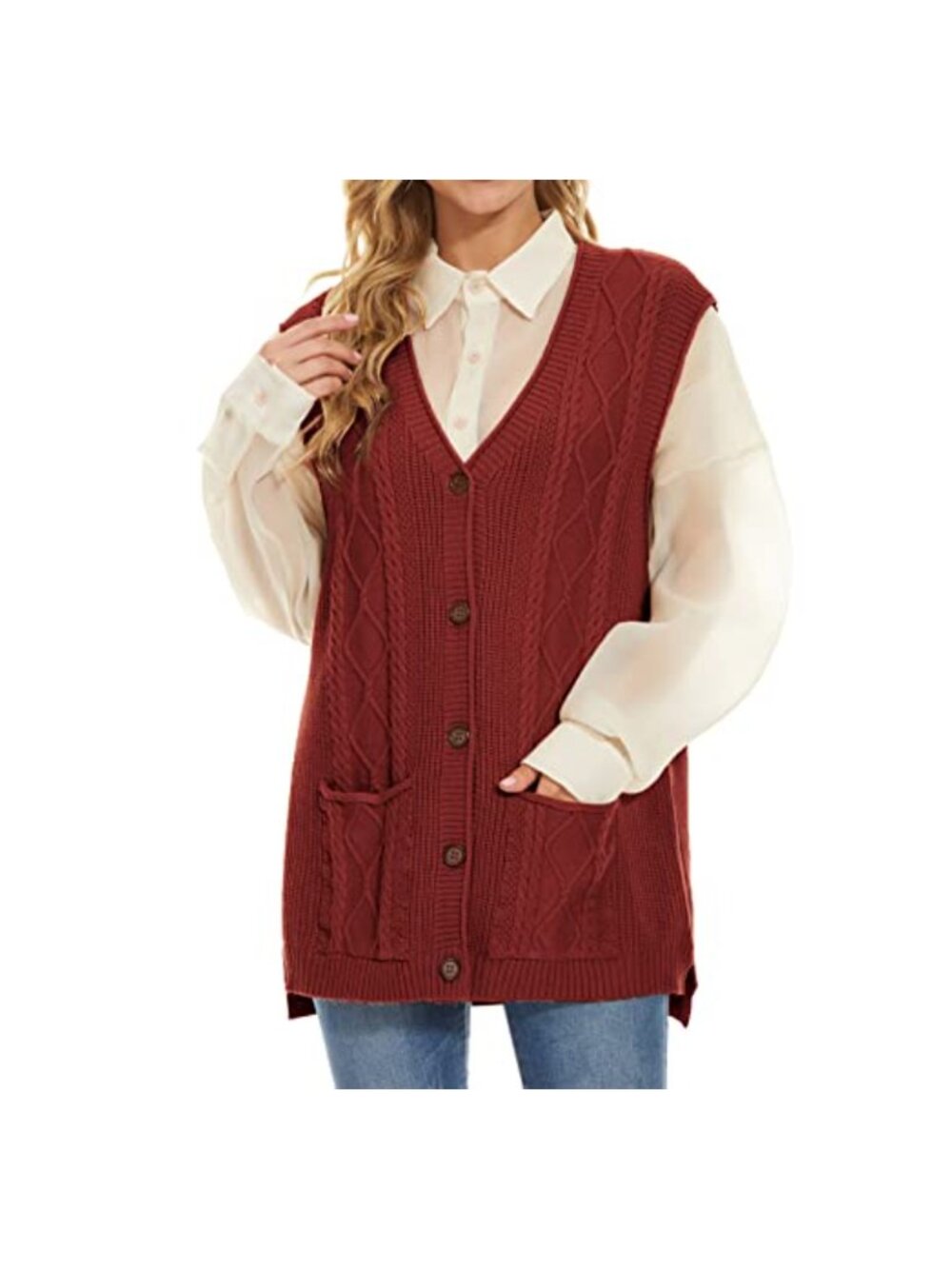 Women's Cable Knit Sweater Vest Sleeveless V-Neck Loose Fit Casual
